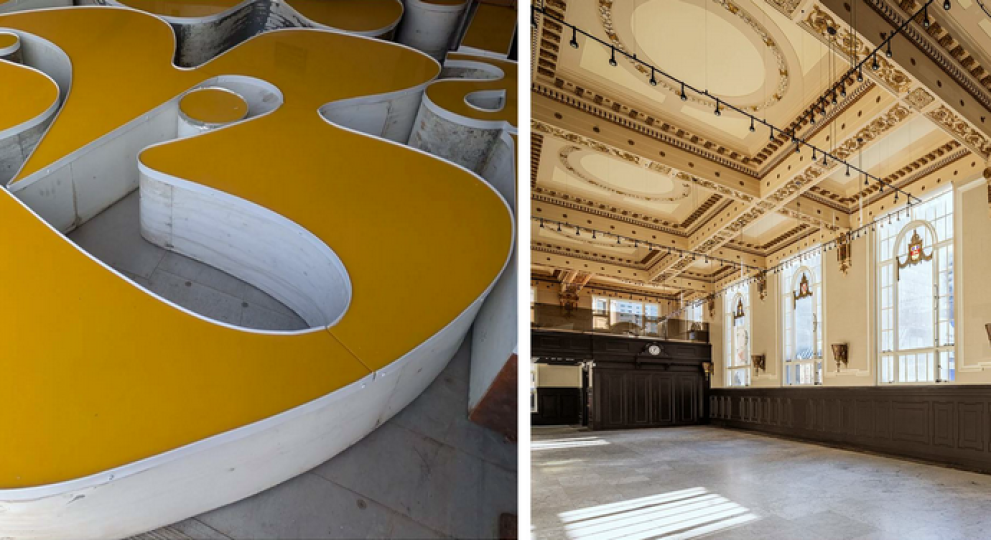L'enseigne de La Baie / L'int&eacute;rieur de la Banque d&rsquo;&eacute;pargne
